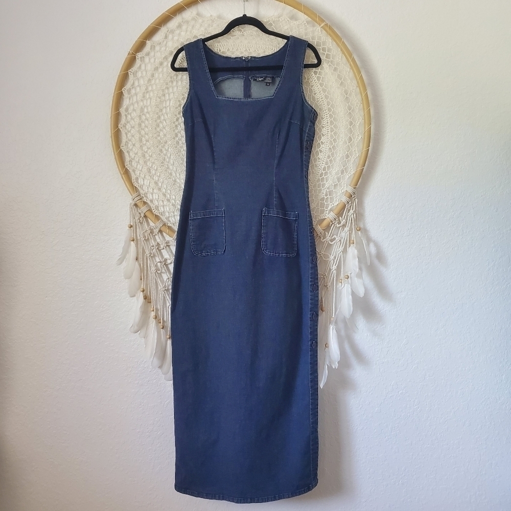 Vintage Boutique Europa Y2K Square Neck Sleeveless Stretch Denim Maxi Dress 12